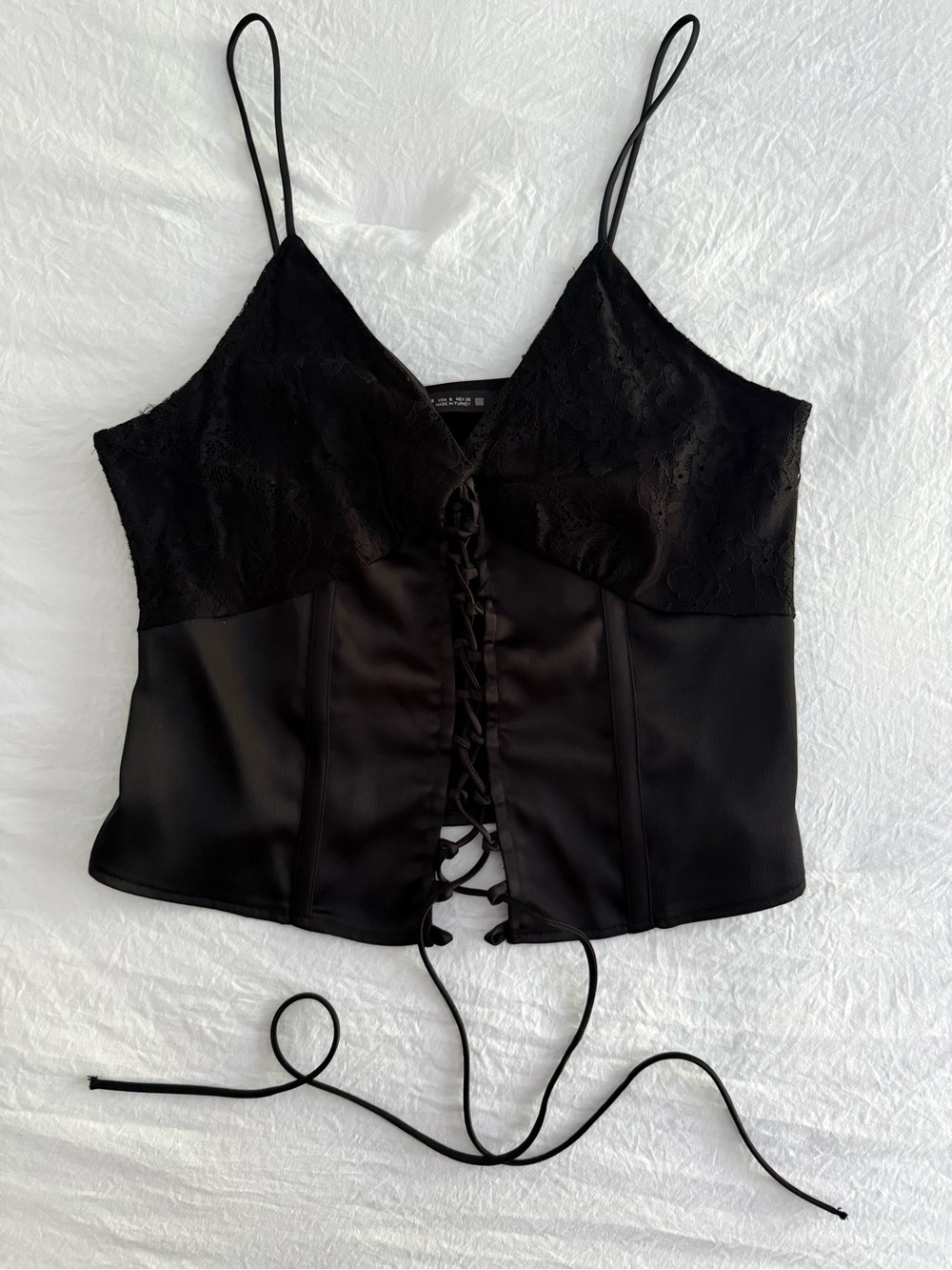 Zara | Black Lace Satin-Trim Corset Cami | Size Small